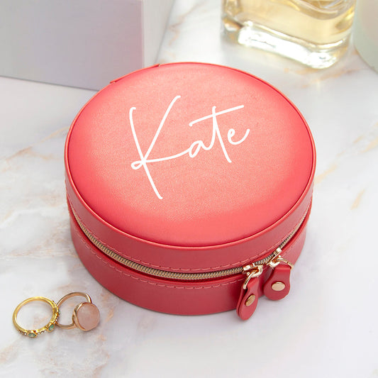 CORAL PERSONALISED ROUND JEWELLERY CASE JEWELLERY STORAGE from Eleanoras