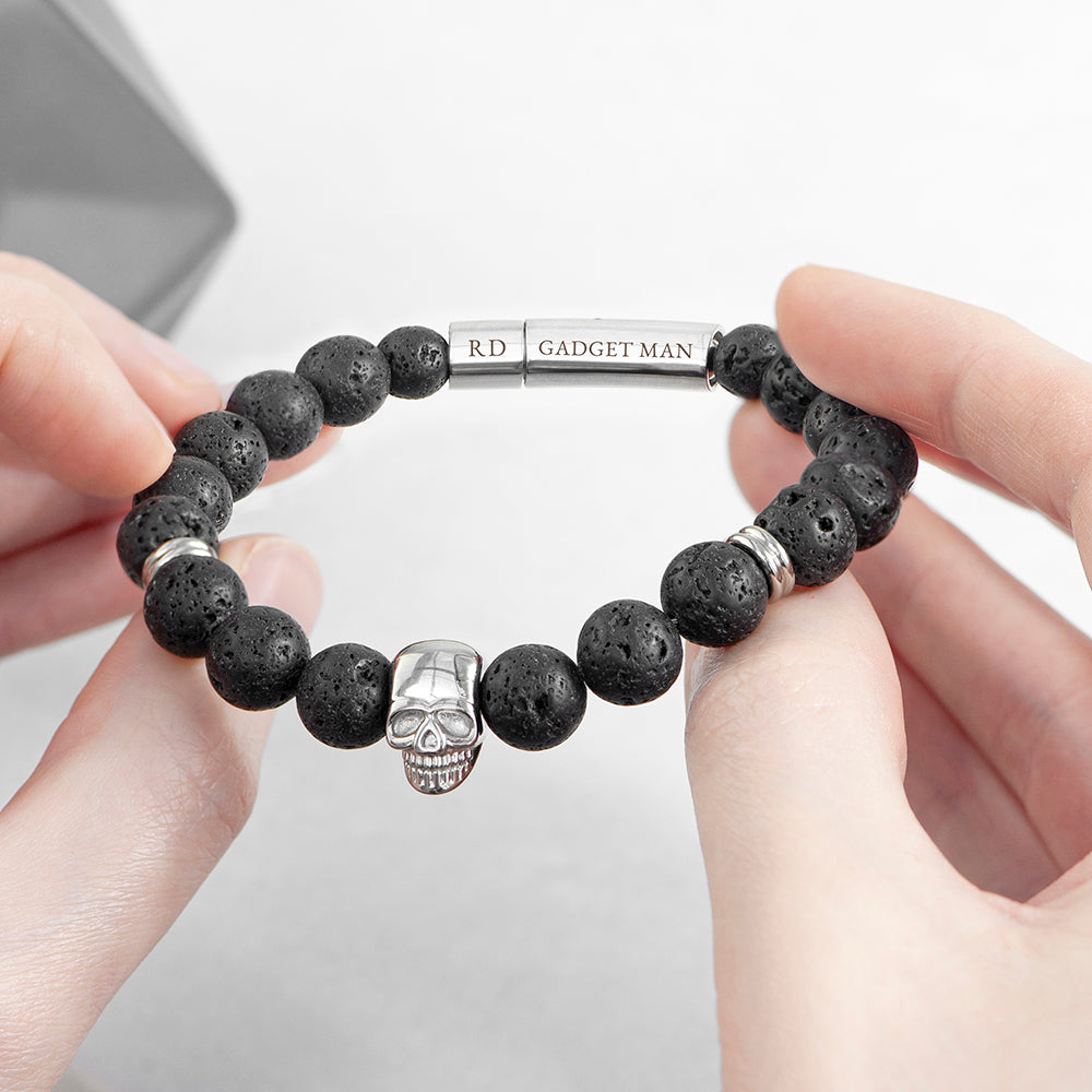 Eleanoras Personalised Men's Silver Skull Beaded Bracelet 