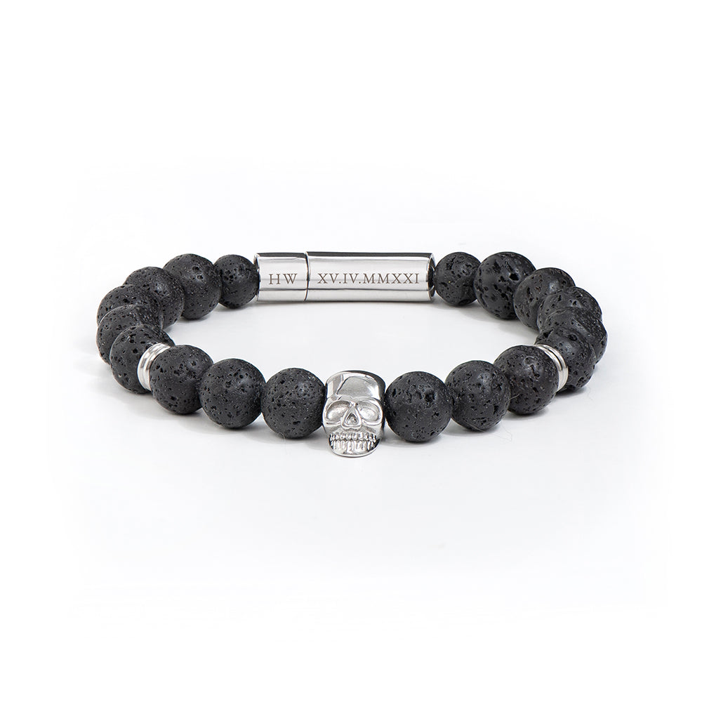 Eleanoras Personalised Men's Silver Skull Beaded Bracelet 