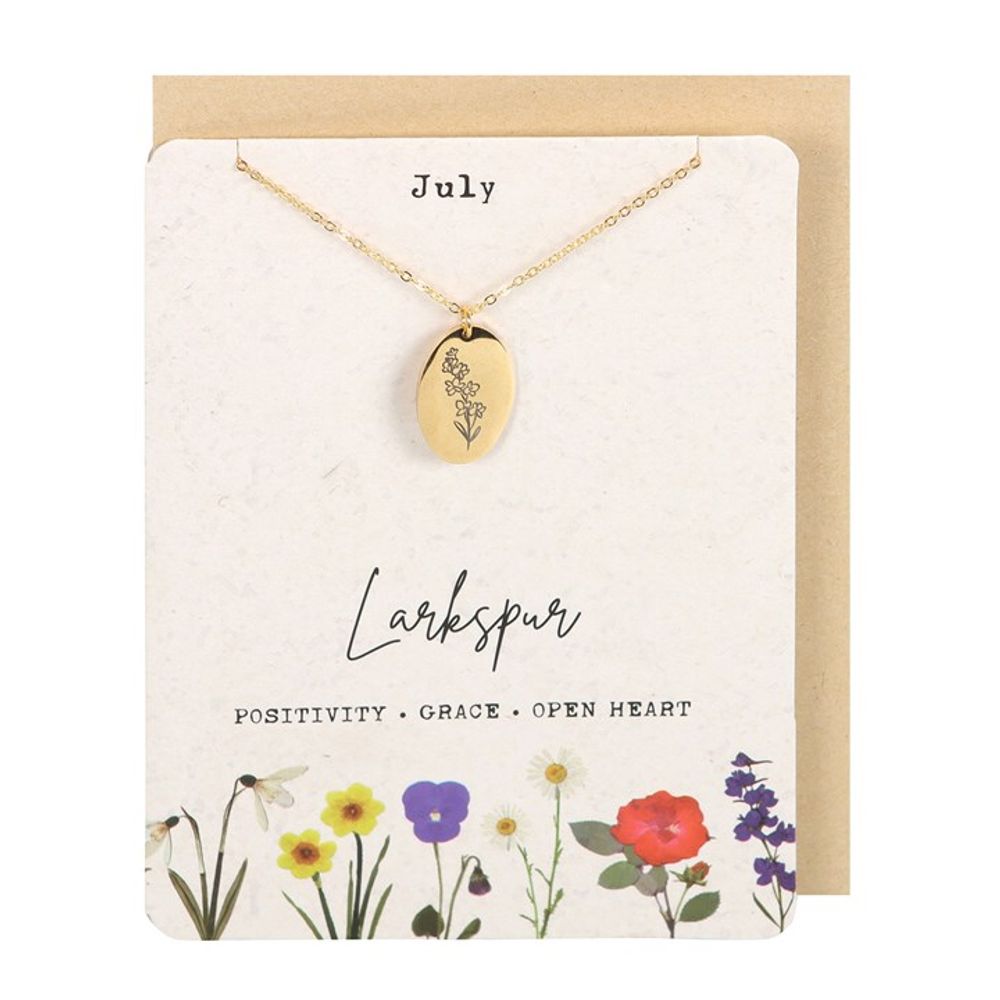 Eleanoras July Larkspur Birth Flower Necklace Card 