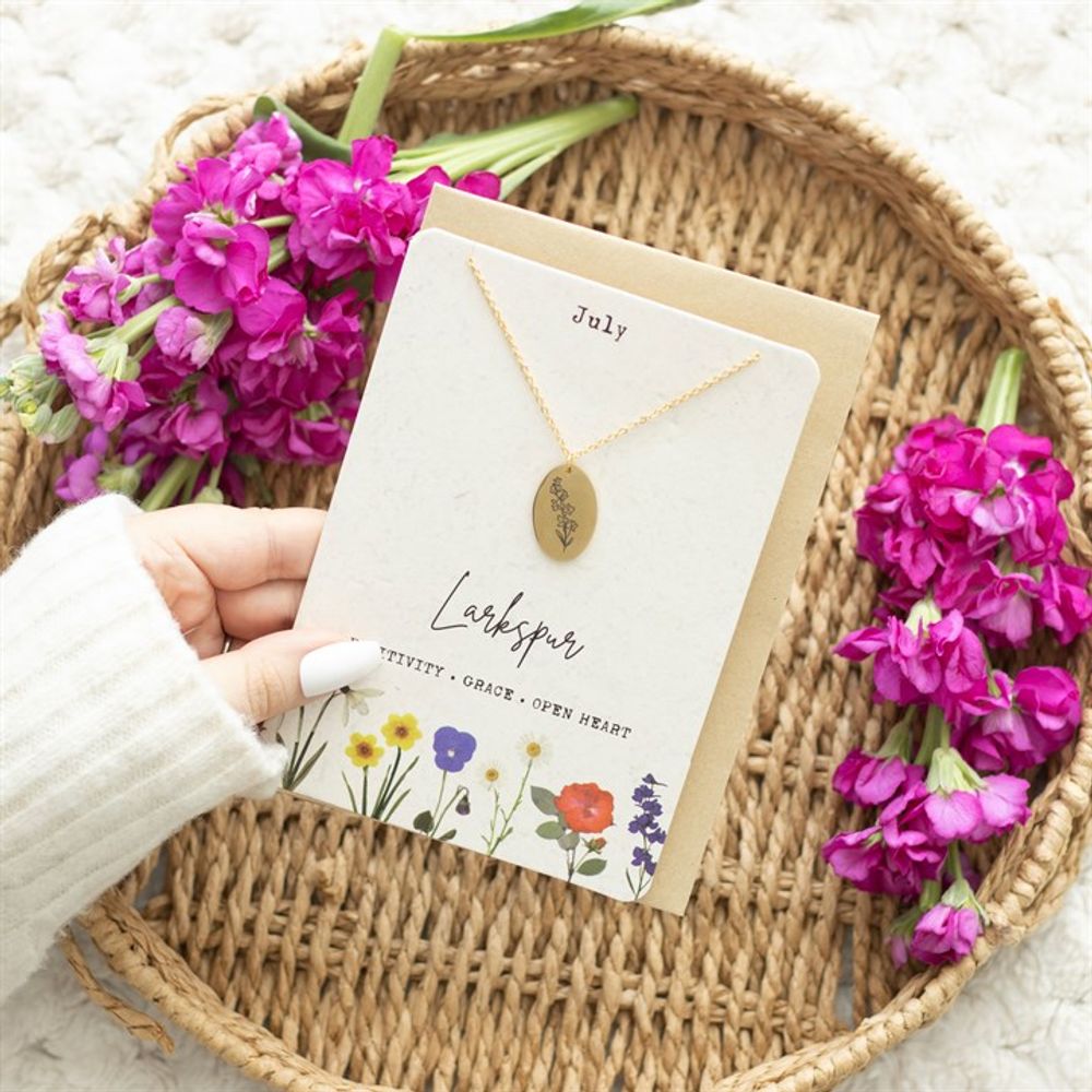 Eleanoras July Larkspur Birth Flower Necklace Card 