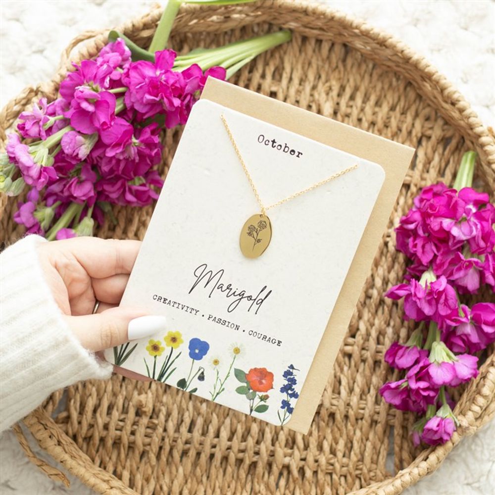 Eleanoras October Marigold Birth Flower Necklace Card Necklaces