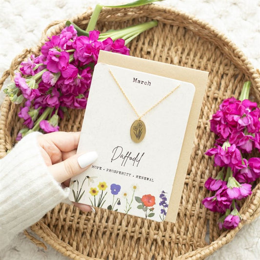 Eleanoras MARCH DAFFODIL BIRTH FLOWER NECKLACE CARD 