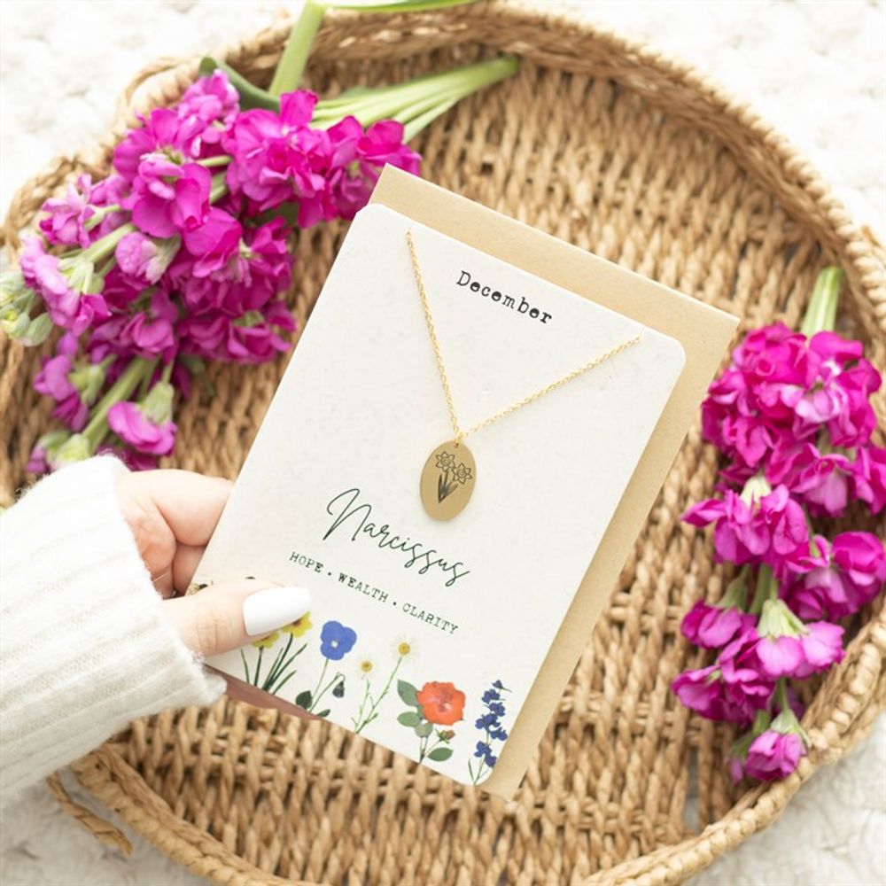 Eleanoras DECEMBER NARCISSUS BIRTH FLOWER NECKLACE CARD Jewellery