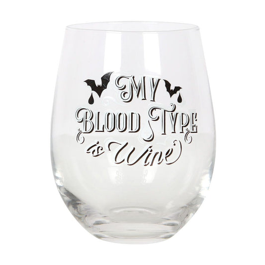 MY BLOOD TYPE IS WINE STEMLESS WINE GLASS GLASSWARE from Eleanoras