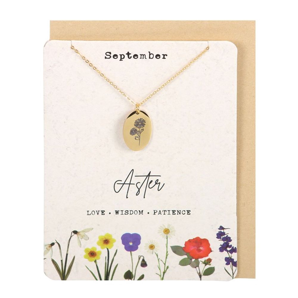 Eleanoras September Aster Birth Flower Necklace Card 